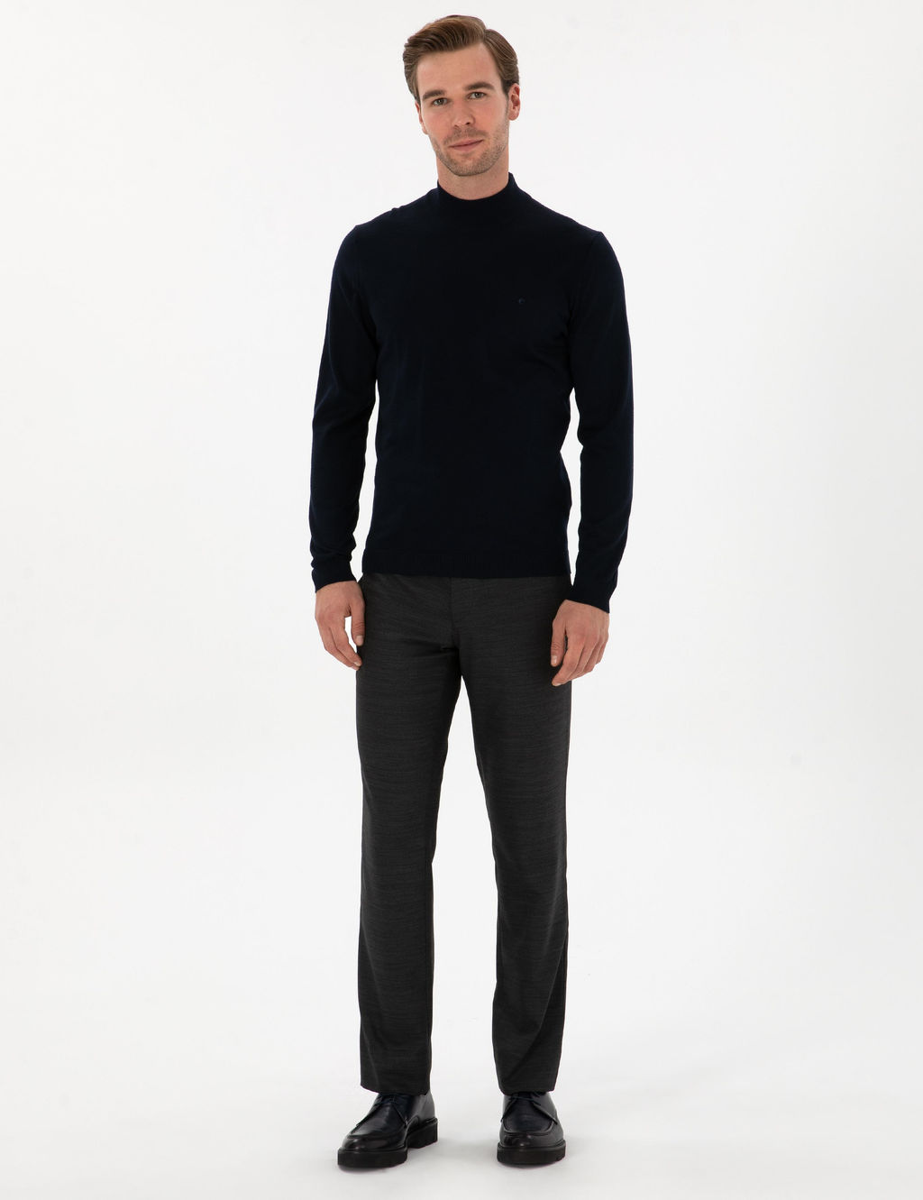 Lacivert Slim Fit Y_n Kar___ml_ Yar_m Bal_k__ Basic Triko Kazak