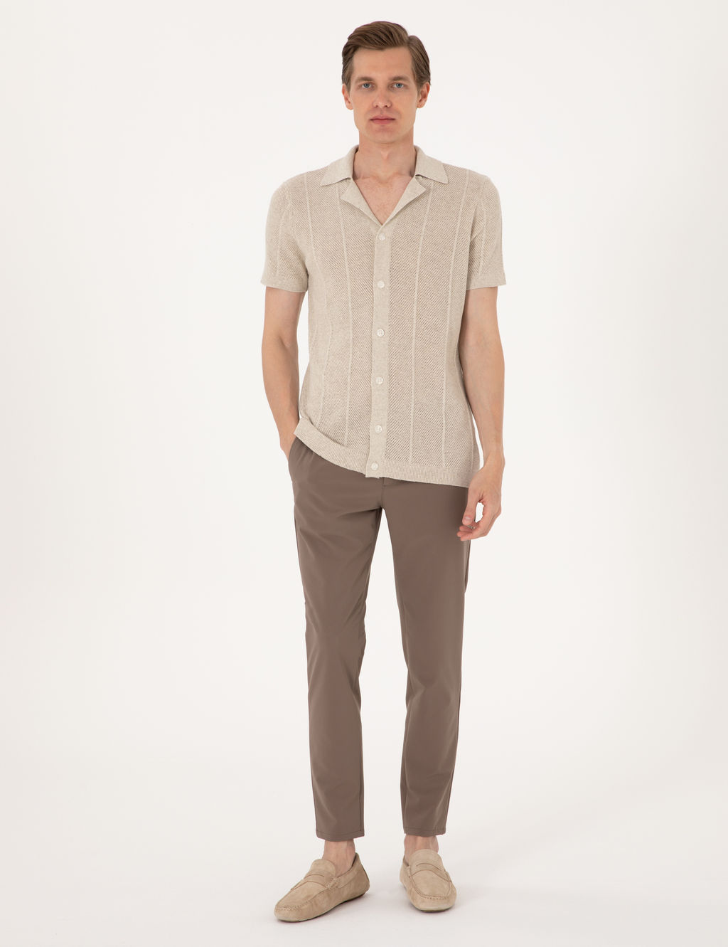 Bej Slim Fit K_sa Kollu D__meli Triko H_rka