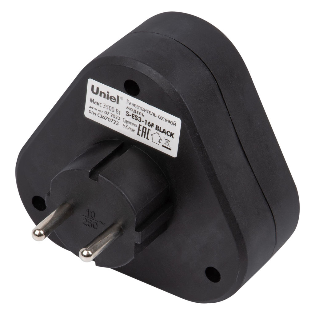 S-ES3-16F BLACK Разветвитель сетевой, б/з. 3 гнезда. 16А, 3500Вт. Черный. ТМ Uniel
