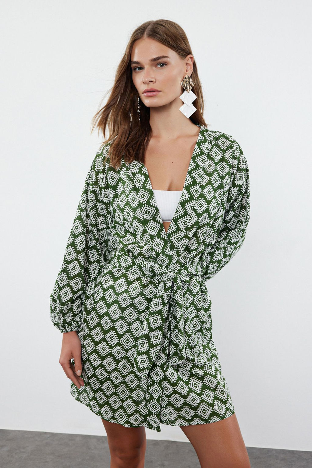 Cicek Desenli Kusakl? Mini Dokuma Balon Kollu %100 Pamuklu Plaj Kimono&Kaftan TBESS22KM0022 - Trendyolmilla фото 10