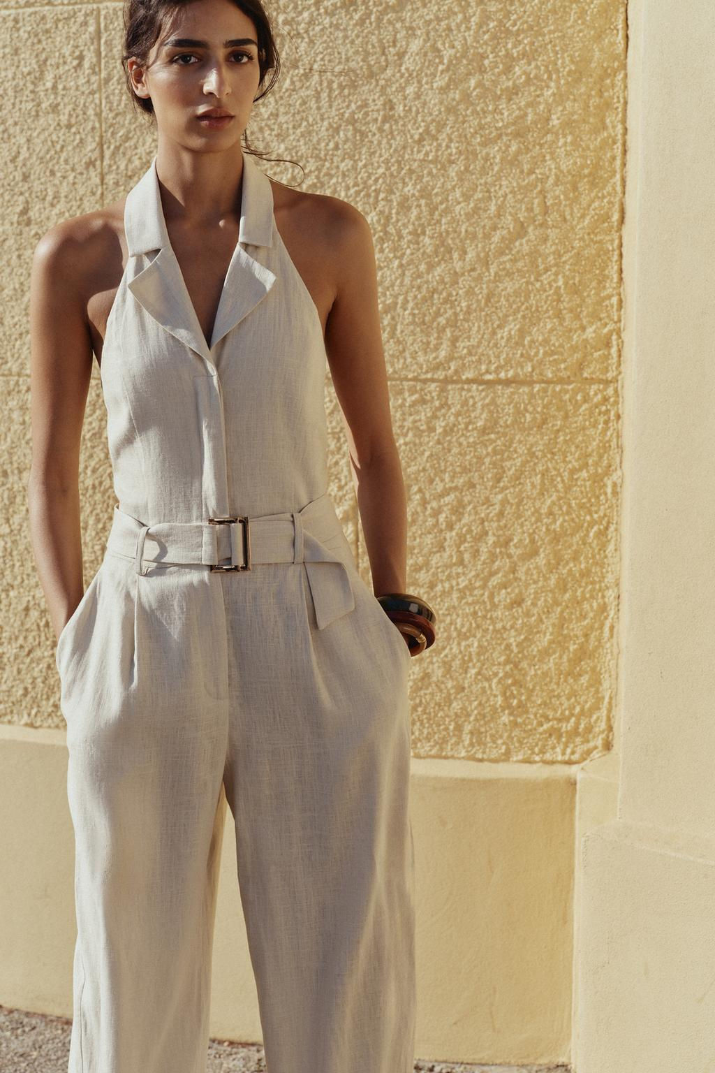 HALTER NECK JUMPSUIT WITH LINEN BLEND