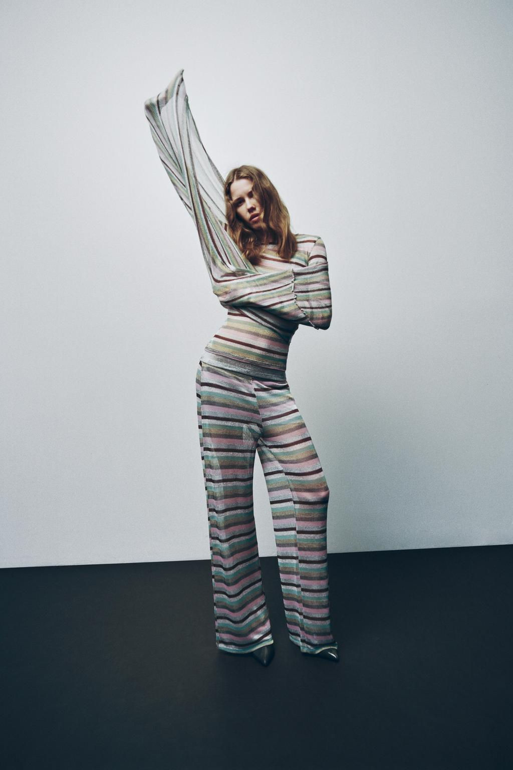 STRIPED METALLIC THREAD TROUSERS - Zara фото 3