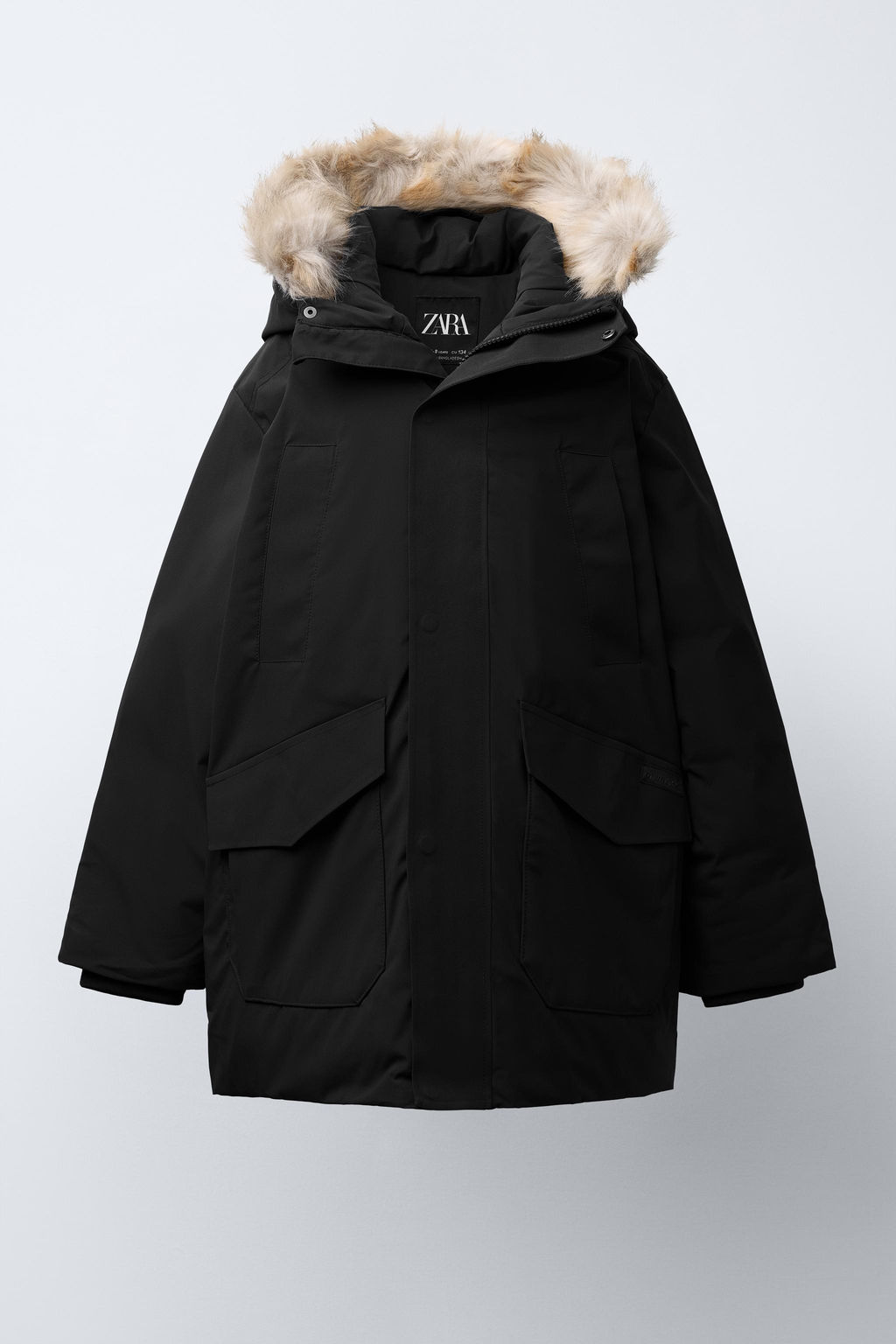 LONG FEATHER AND DOWN WATER-REPELLENT PUFFER JACKET WITH DETACHABLE FAUX FUR HOOD