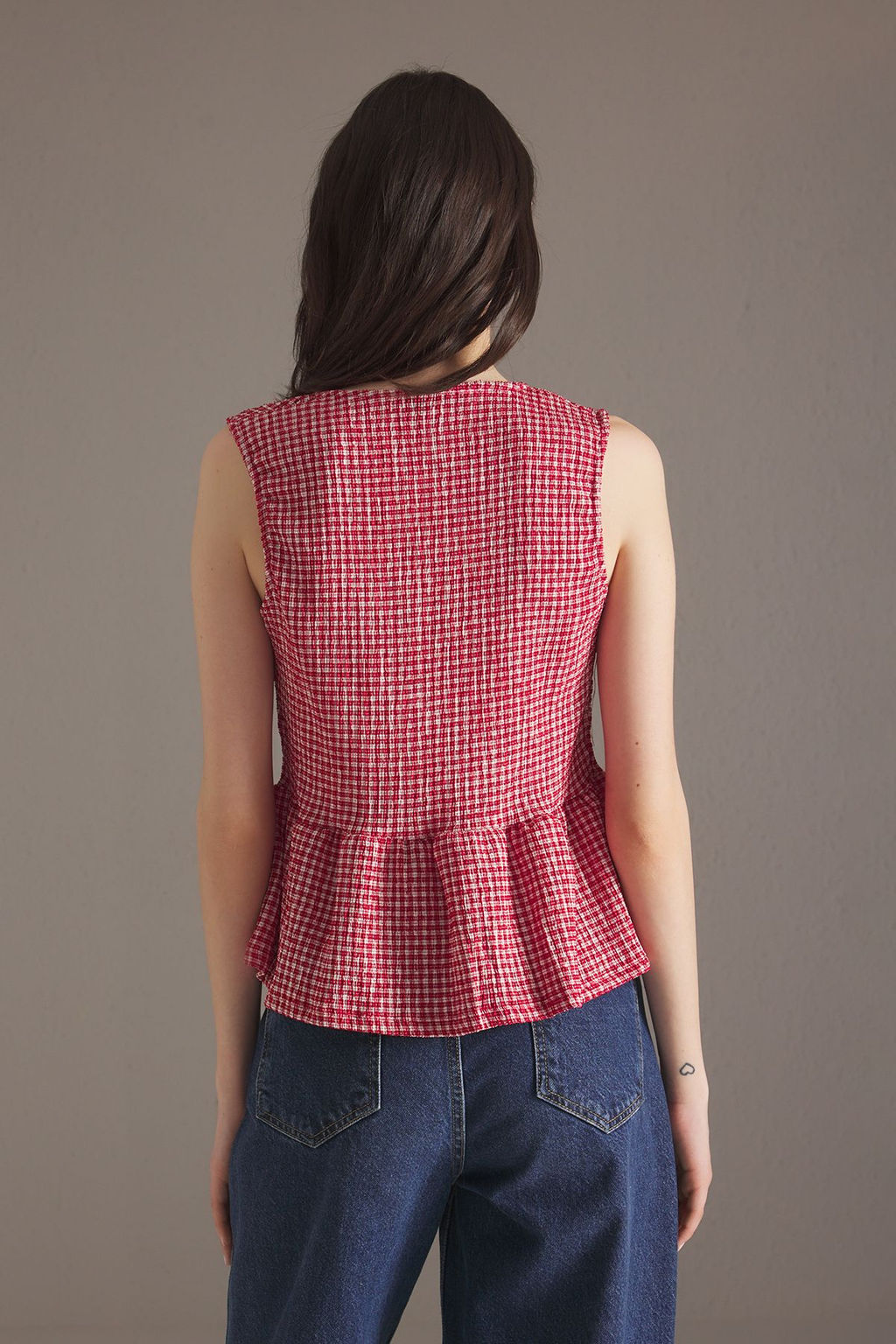 K?rm?z? Potikare Desenli Baglama Detayl? Kolsuz Esnek Orme Bluz TWOSS25BZ00410