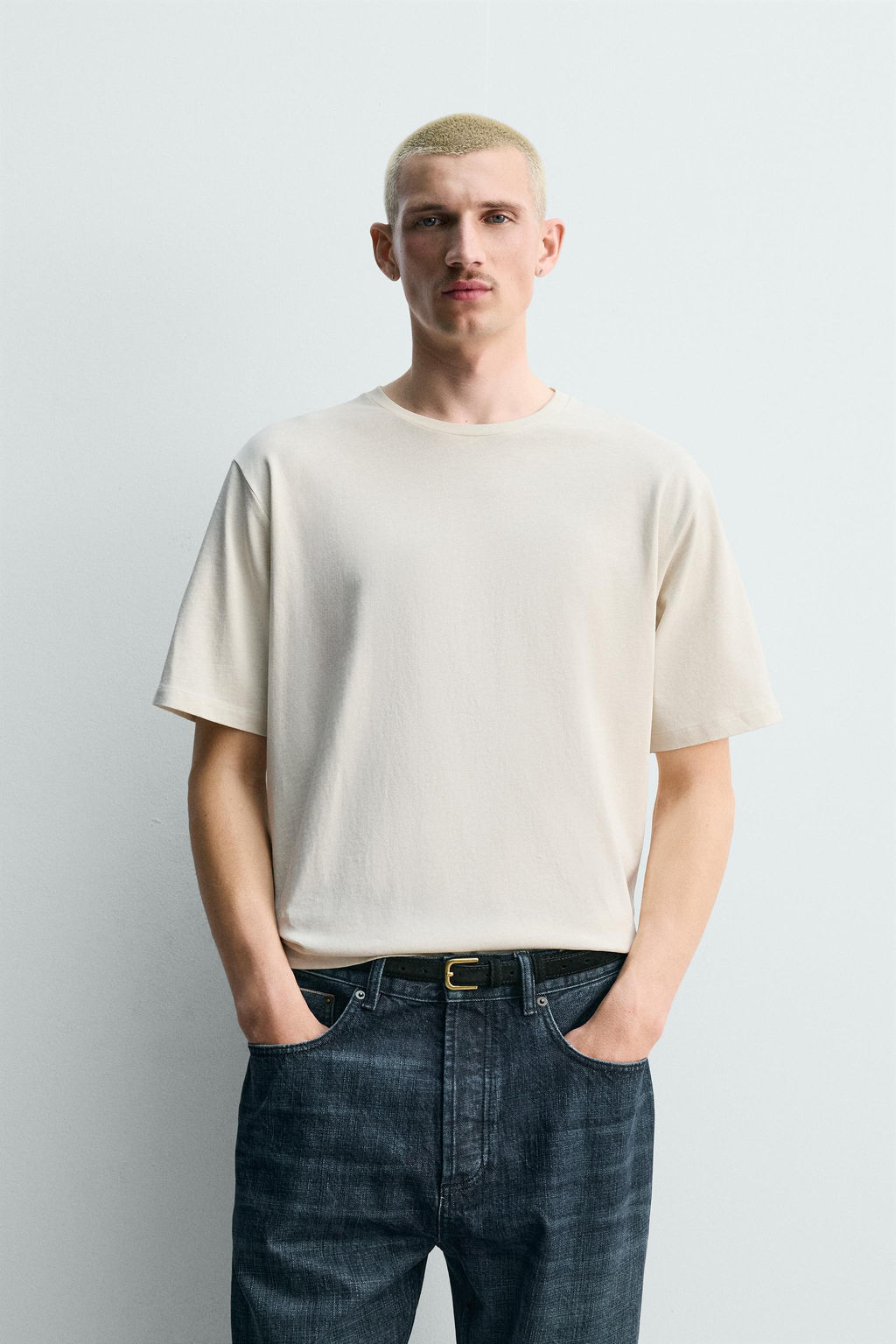 CAMISETA REGULAR FIT MEZCLA ALGOD?N / Beige claro - Zara фото 2