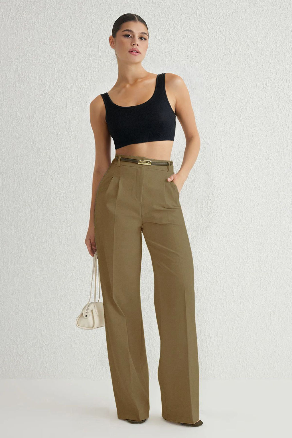 Ac?k Haki Pilili Wide Leg/Genis Paca Pantolon TWOAW25PL00109 Palazzo