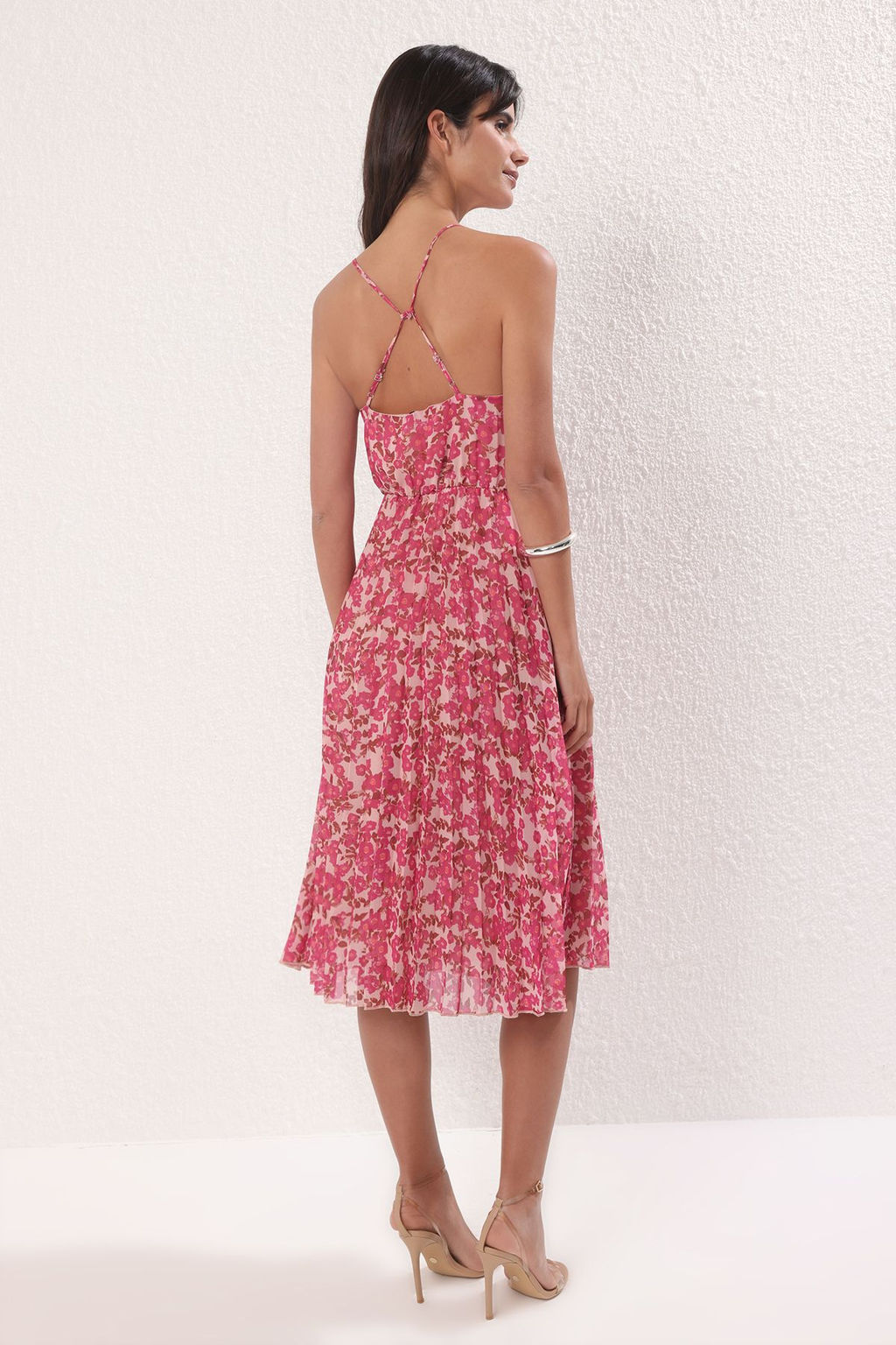 TRENDYOLMILLA Ekru Cicekli Etegi Belden Ac?lan Piliseli Midi Dokuma Elbise TWOSS25EL00581  фото 9