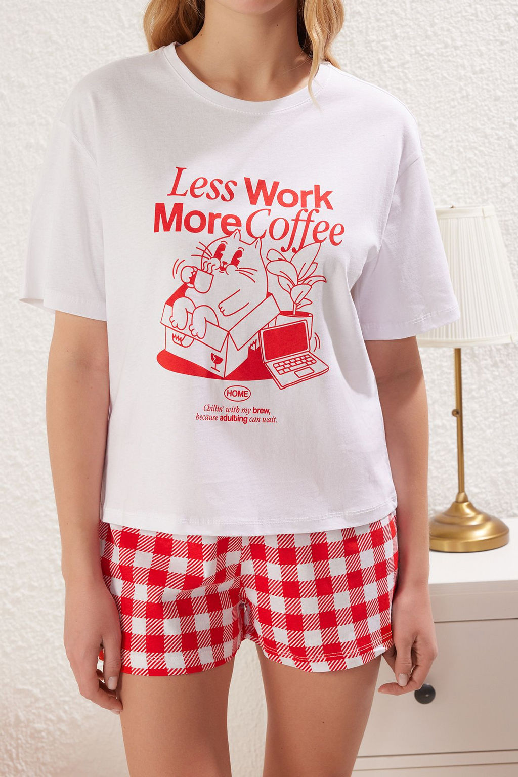 Trendyolmilla Kad?n Couple/Cift K?rm?z? %100 Pamuklu Ekoseli Sortlu Orme Pijama Tak?m? THMSS25PT00178 фото 4