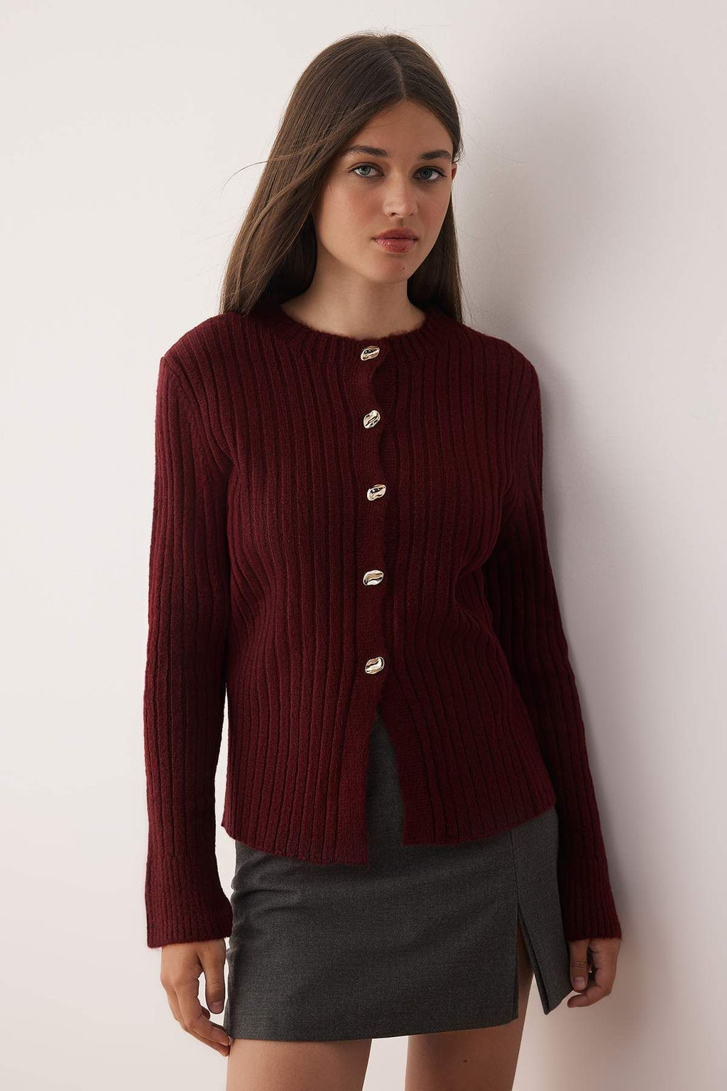 Bordo Dugme Detayl? Yumusak Dokulu Y?rtmac Detayl? Triko H?rka TWOAW26HI00096