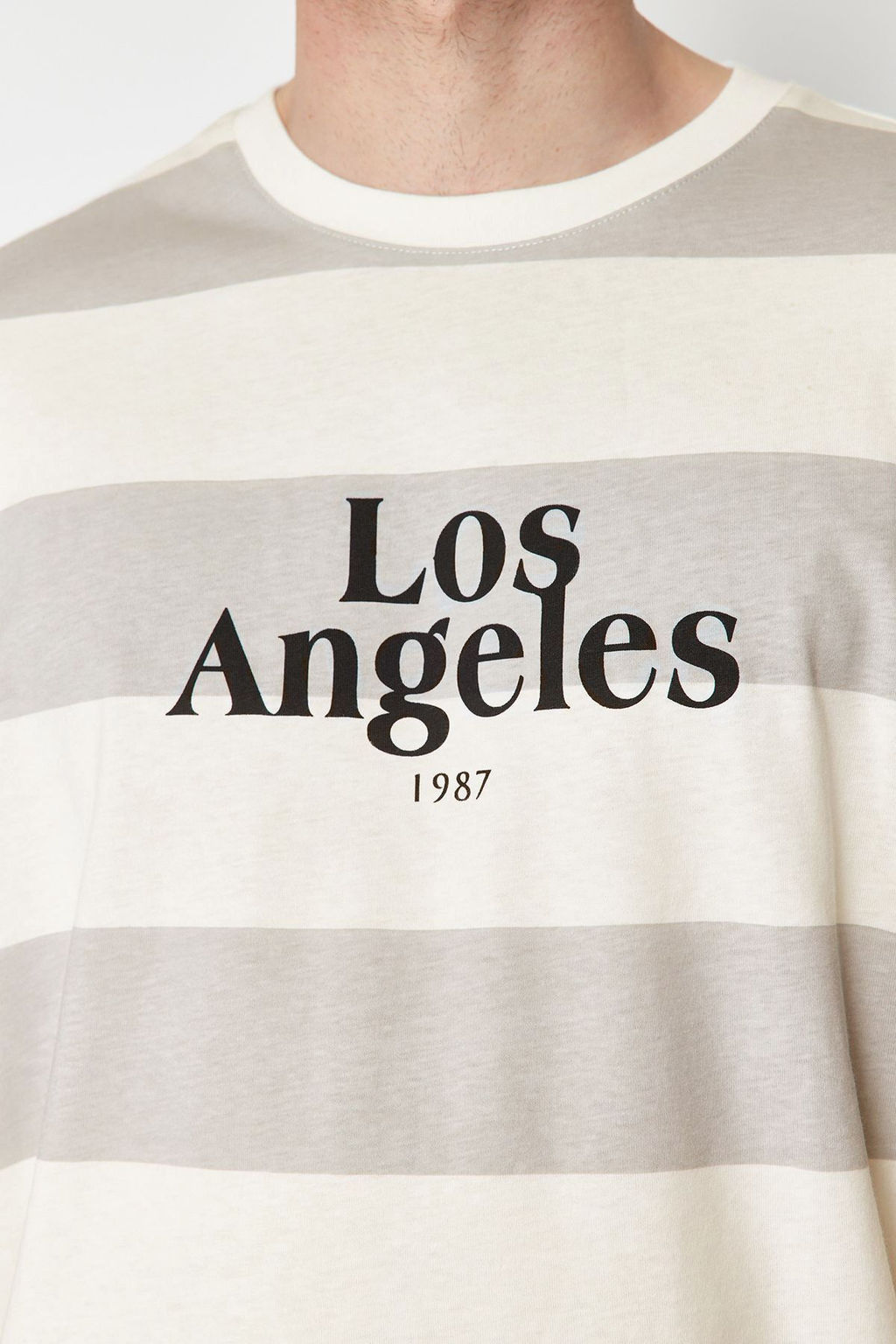 TRENDYOL MAN Buyuk Beden Gri Oversize Cizgili Sehir Bask?l? %100 Pamuklu T-Shirt TMNSS25BF00010 - Trendyolmilla фото 5