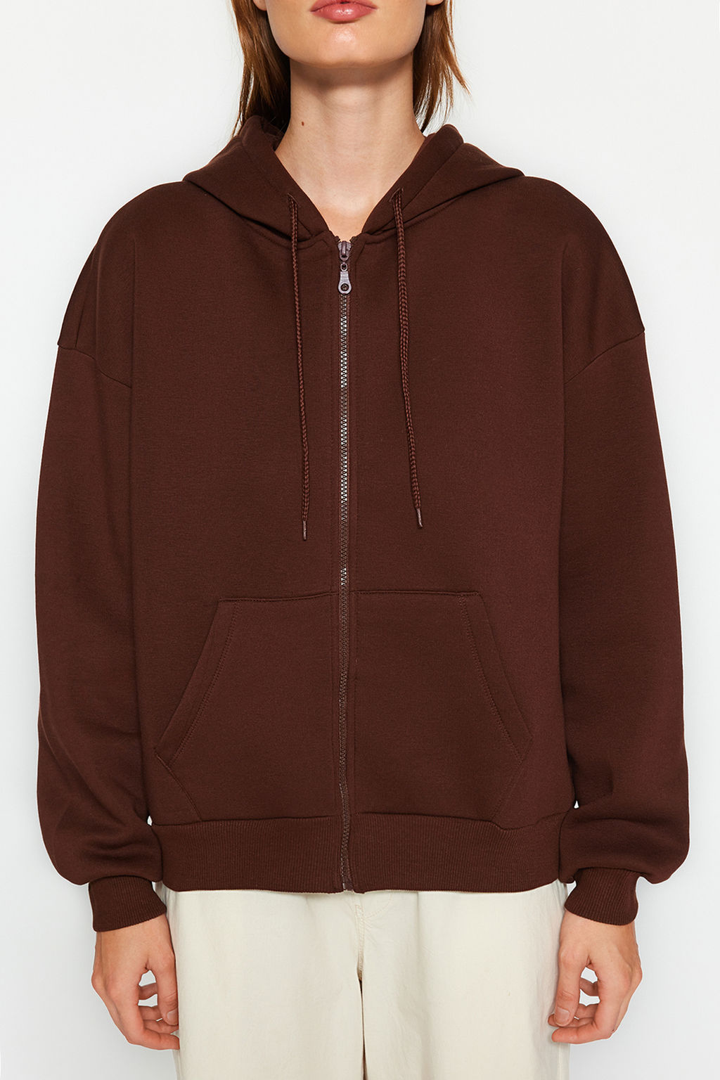 Kahverengi Oversize/Rahat Kesim Basic Kapusonlu Kal?n Ici Polarl? Orme Sweatshirt TWOAW24SW00188