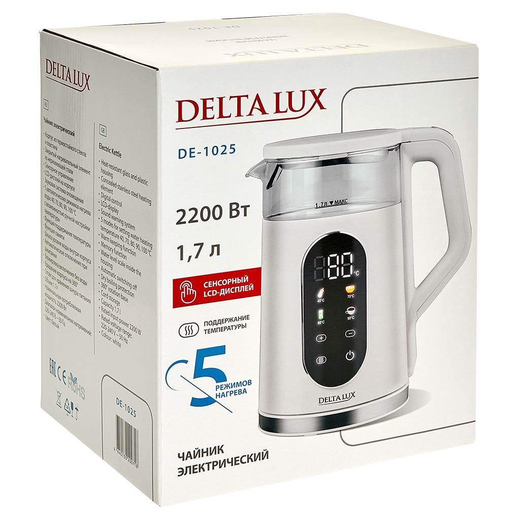 Чайник DELTA LUX DE-1025 корпус из термост. стекла и пластика, LCD дисплей, белый: 2200Вт, 1,7л
