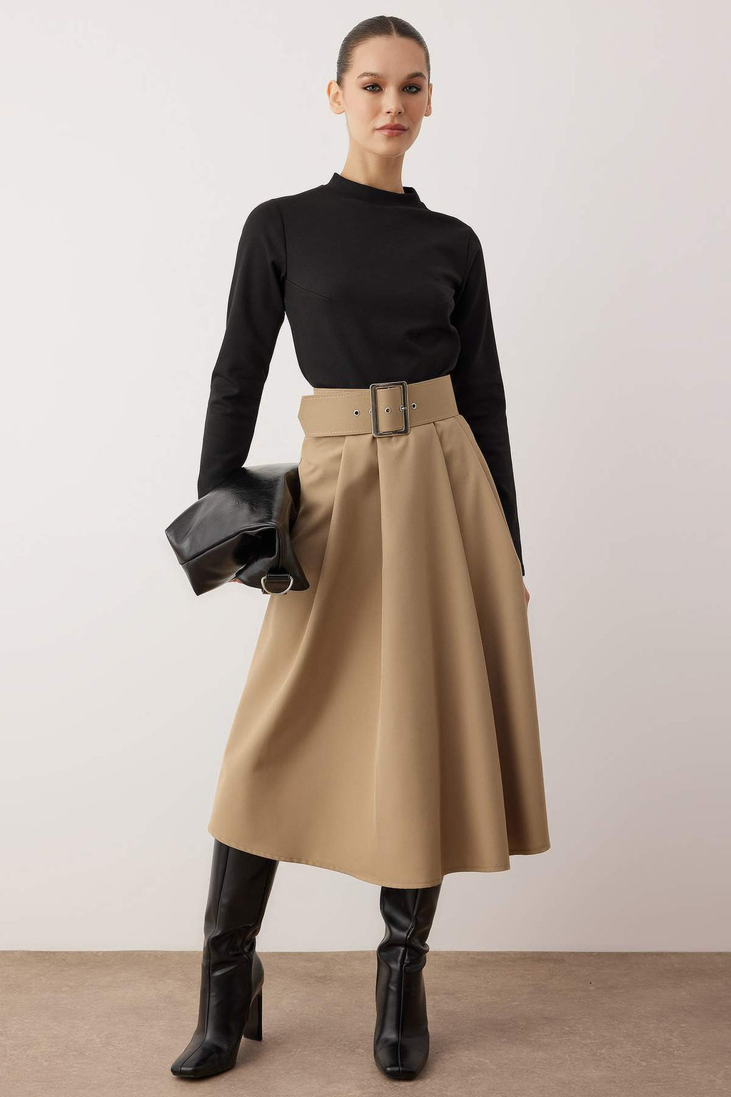 Siyah Midi A Line/Can Kesim Kemerli Alt? Poplin Orme Elbise TWOAW26EL00222 - Trendyolmilla фото 2