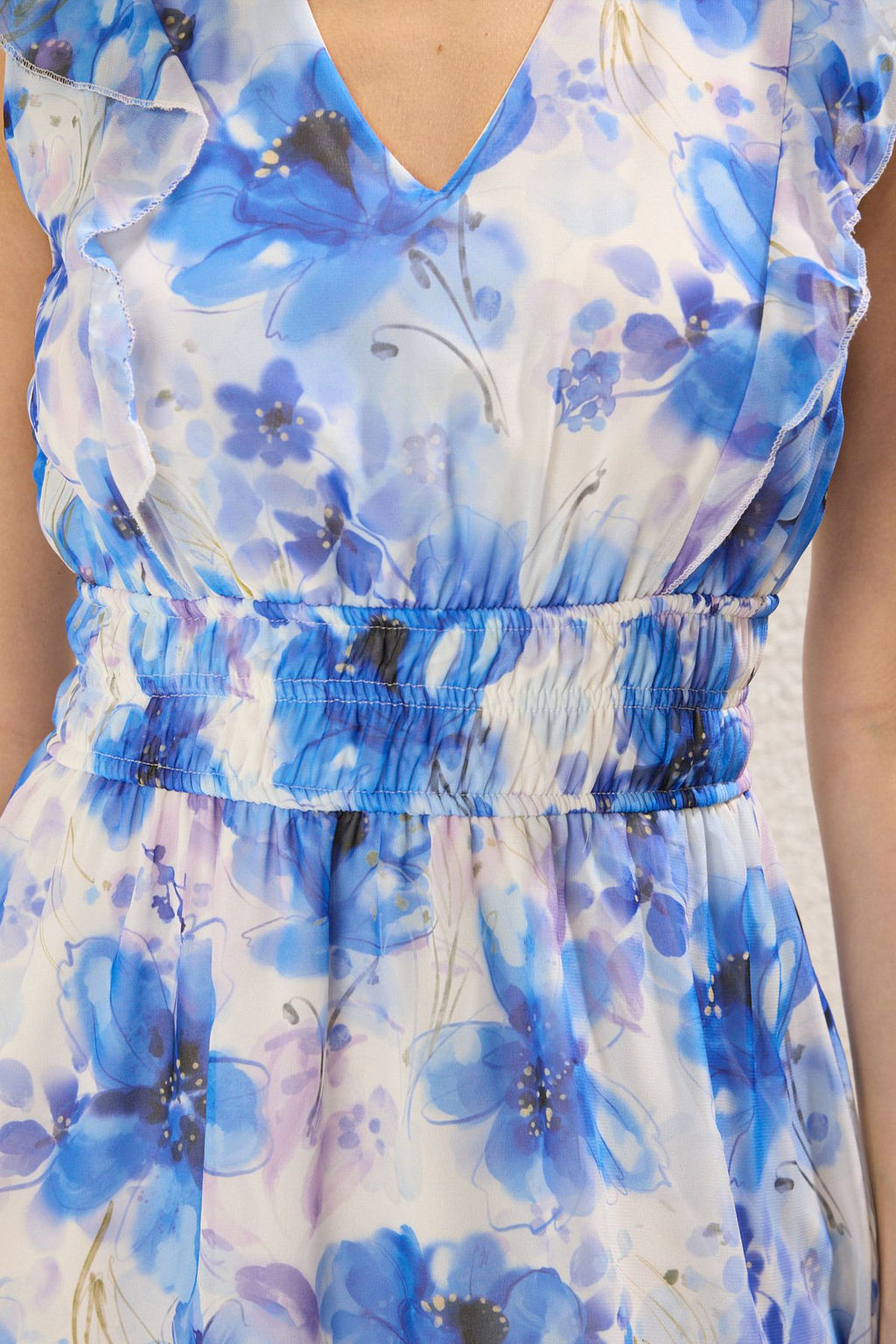 Mavi Cicek Desenli Etegi Belden Ac?lan F?rf?r Detayl? Mini Dokuma Elbise TWOSS25EL00423 - Trendyolmilla фото 3