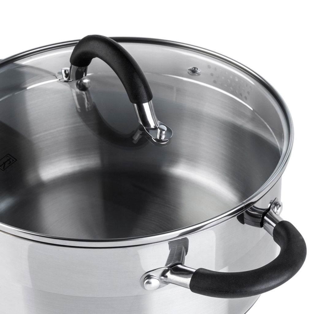 Кастрюля из нержавеющей стали Телфорд 3,1л, д20см, h10см, s0,6мм, дно s2,8мм, стеклянная жаропрочная крышка, широкий металлический ободок с отверстиями для слива жидкости, пароотвод, ручки из нержавеющей стали с силиконовыми вставками, капсулирован - Домашняя мода фото 3