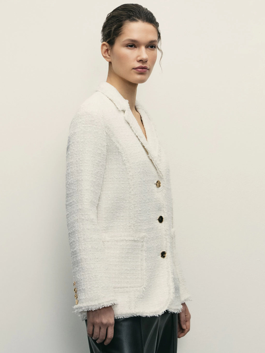 Однобортный жакет с бахромой из твида / Zarina фото 4