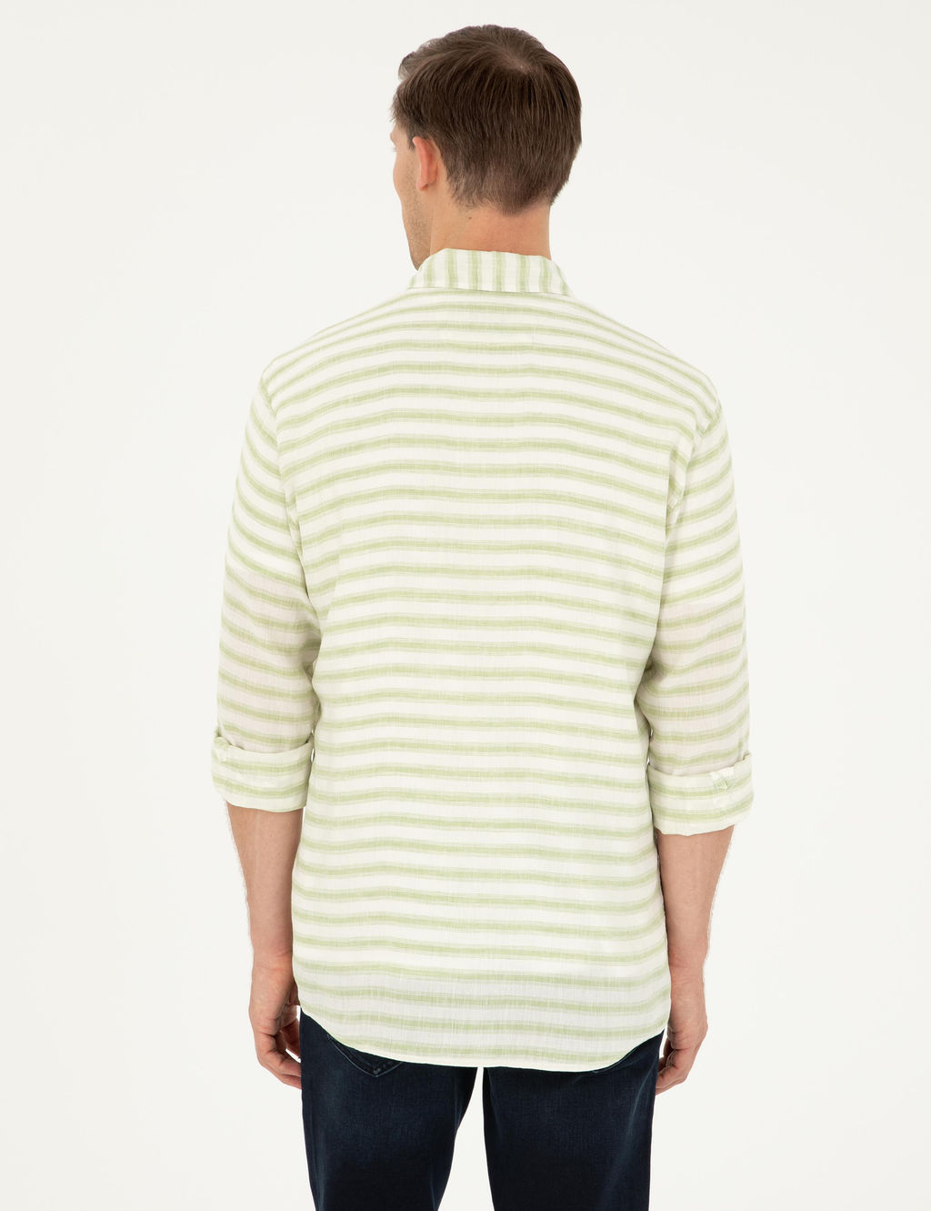Ye_il Keten Kar___ml_ Slim Fit Uzun Kollu G_mlek
