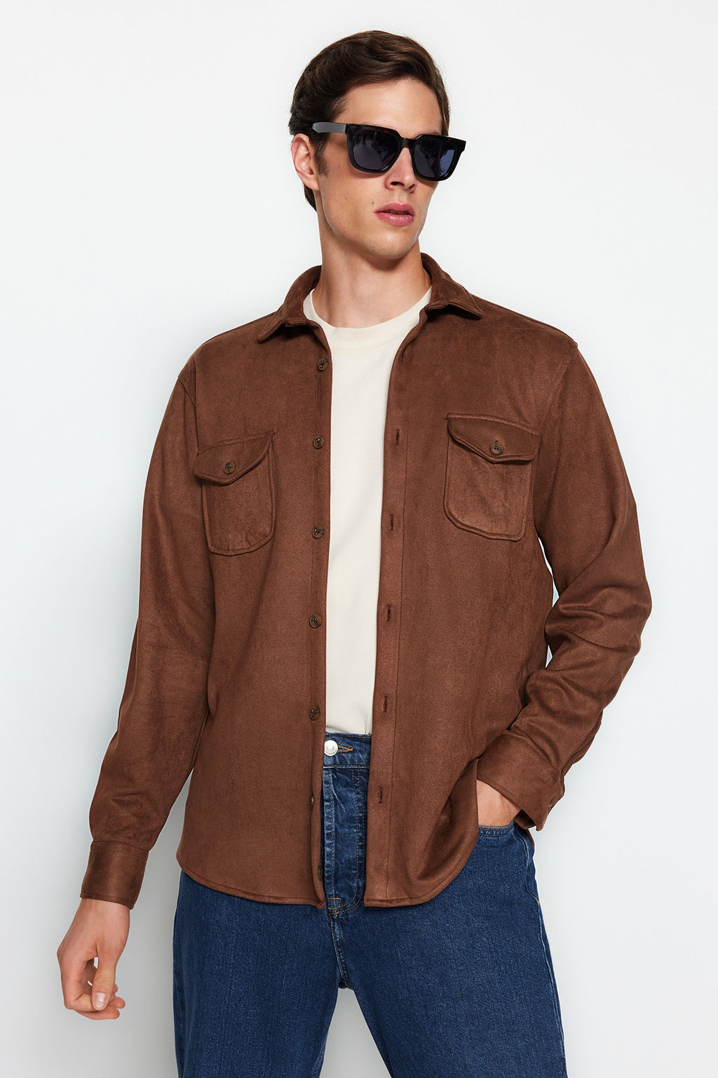 TRENDYOL MAN Kahverengi Regular Fit Cift Cepli Suet K?sl?k Ceket Gomlek TMNAW24GO00033 - Trendyolmilla фото 2