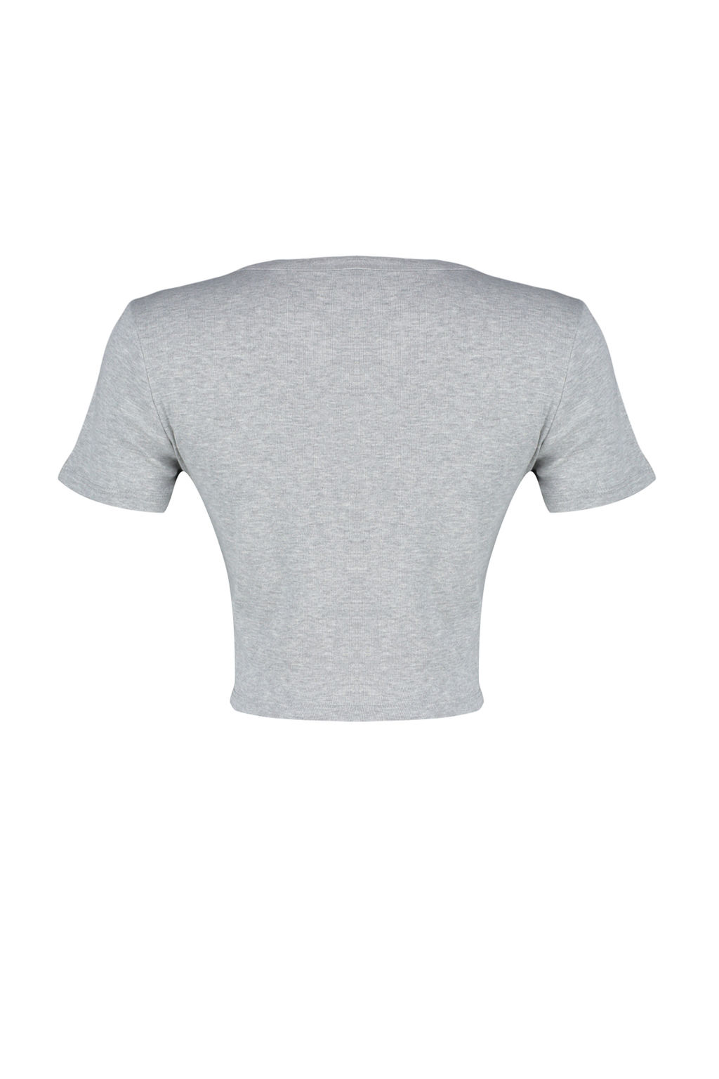 Gri Melanj %100 Pamuk V Yaka Detayl? Vucuda Oturan Crop Esnek Orme T-Shirt TWOSS24TS00194 - Trendyolmilla фото 8