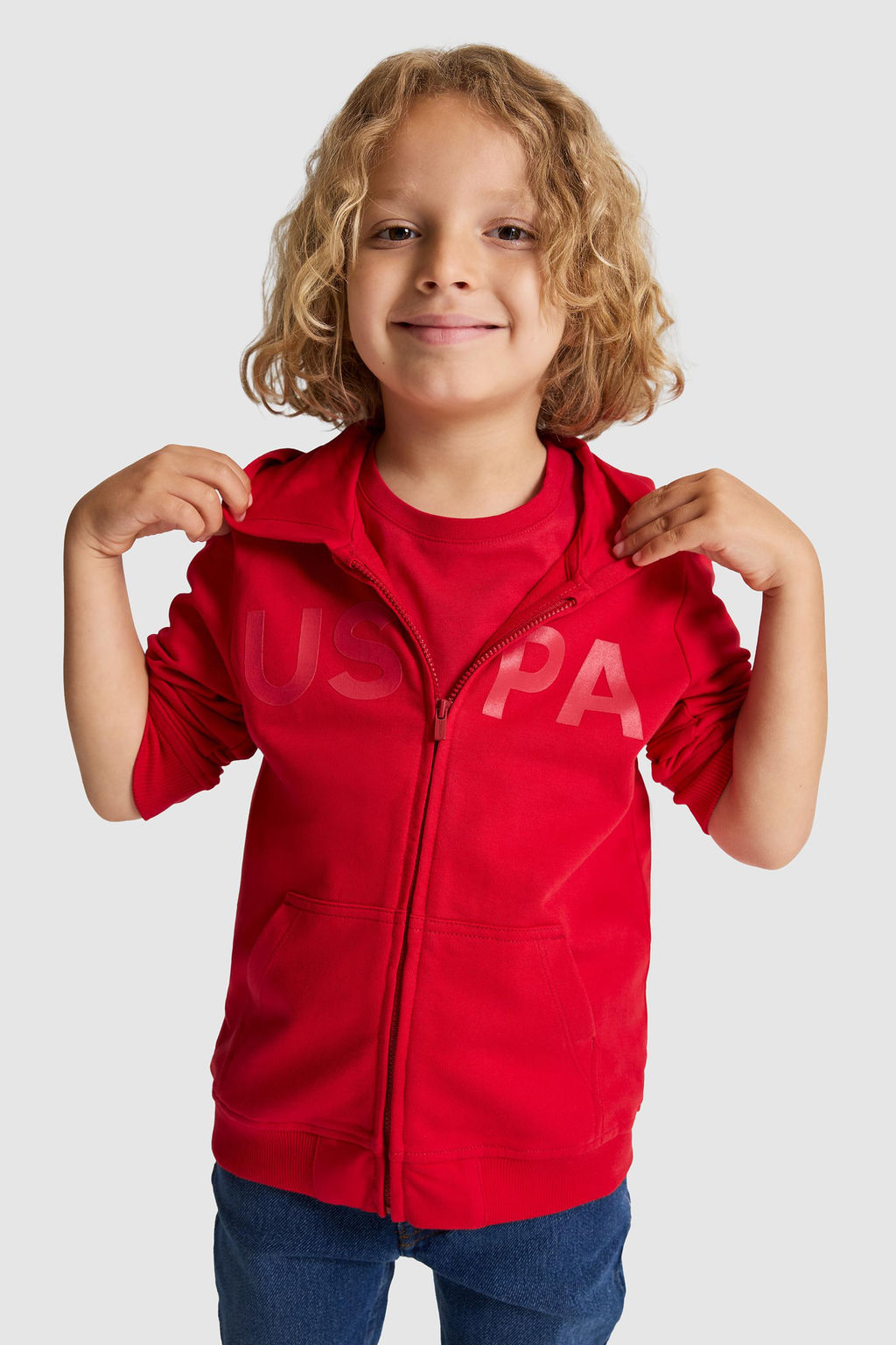 Erkek _ocuk K_rm_z_ Kap__onlu Fermuarl_ Basic Sweatshirt