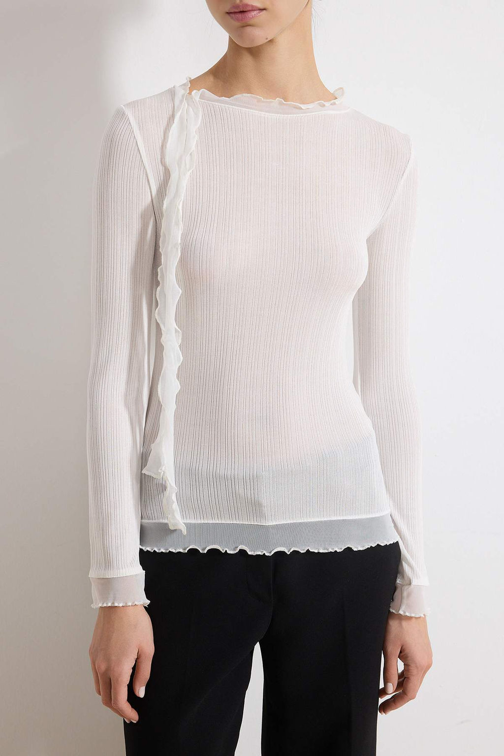 Ekru Transparan Fitted/Vucuda Oturan Uzun Kollu Volanl?/F?rf?rl? Dokulu Orme Bluz TWOSS26BZ00201 - Trendyolmilla фото 3