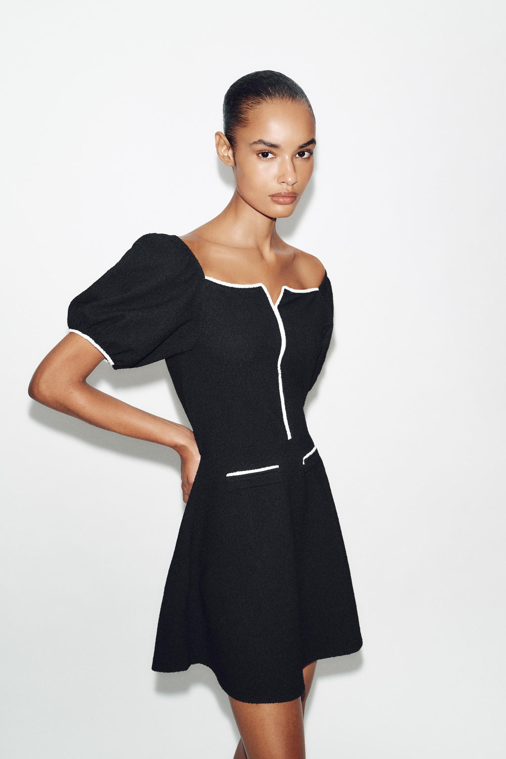 VESTIDO BLOUCLE CONTRASTE / Negro / Crudo - Zara фото 2