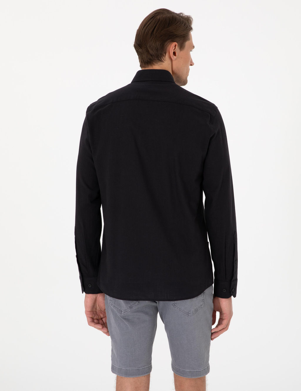 Siyah Keten G_r_n_ml_ Slim Fit Uzun Kollu G_mlek