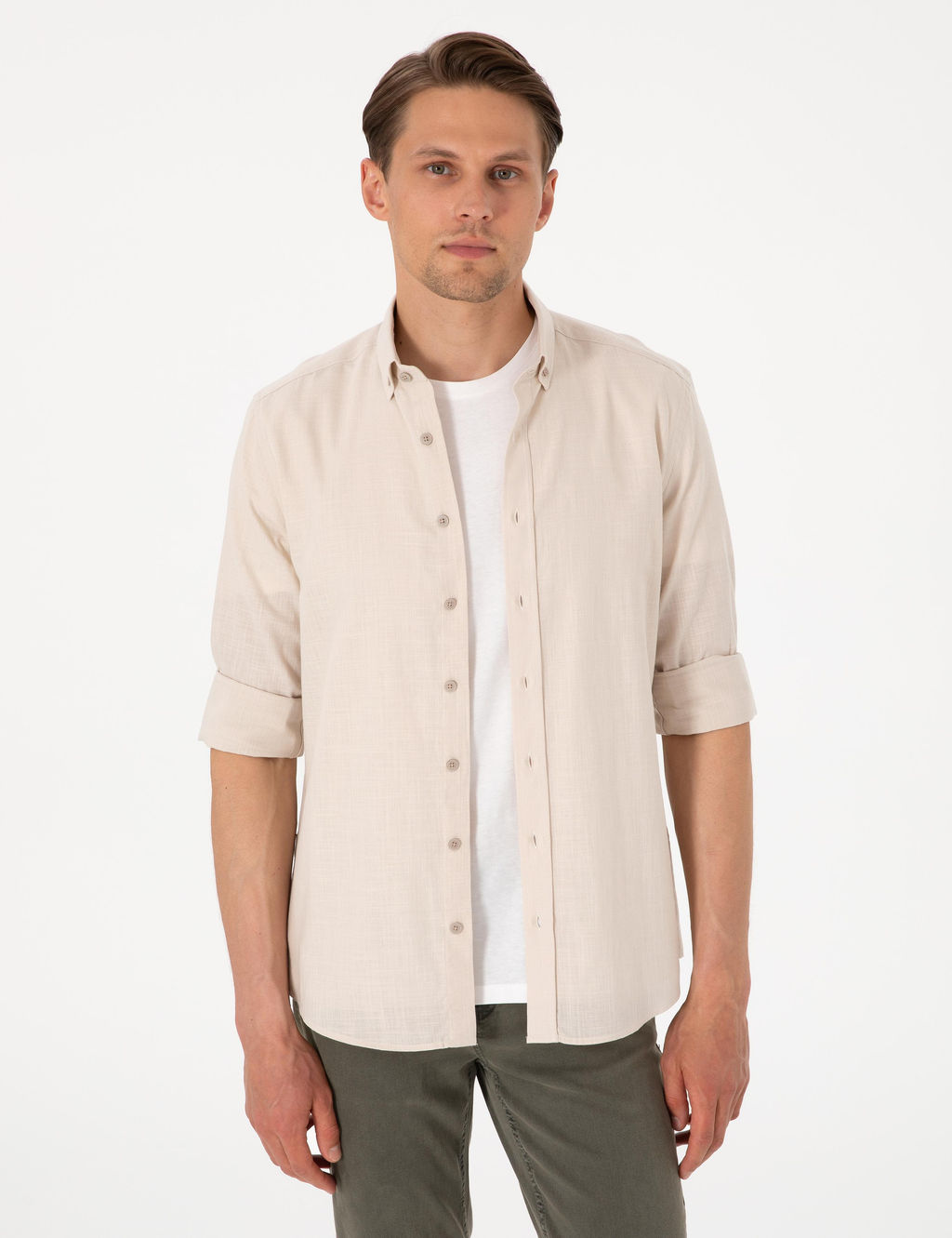 Bej Keten G_r_n_ml_ Slim Fit Uzun Kollu G_mlek