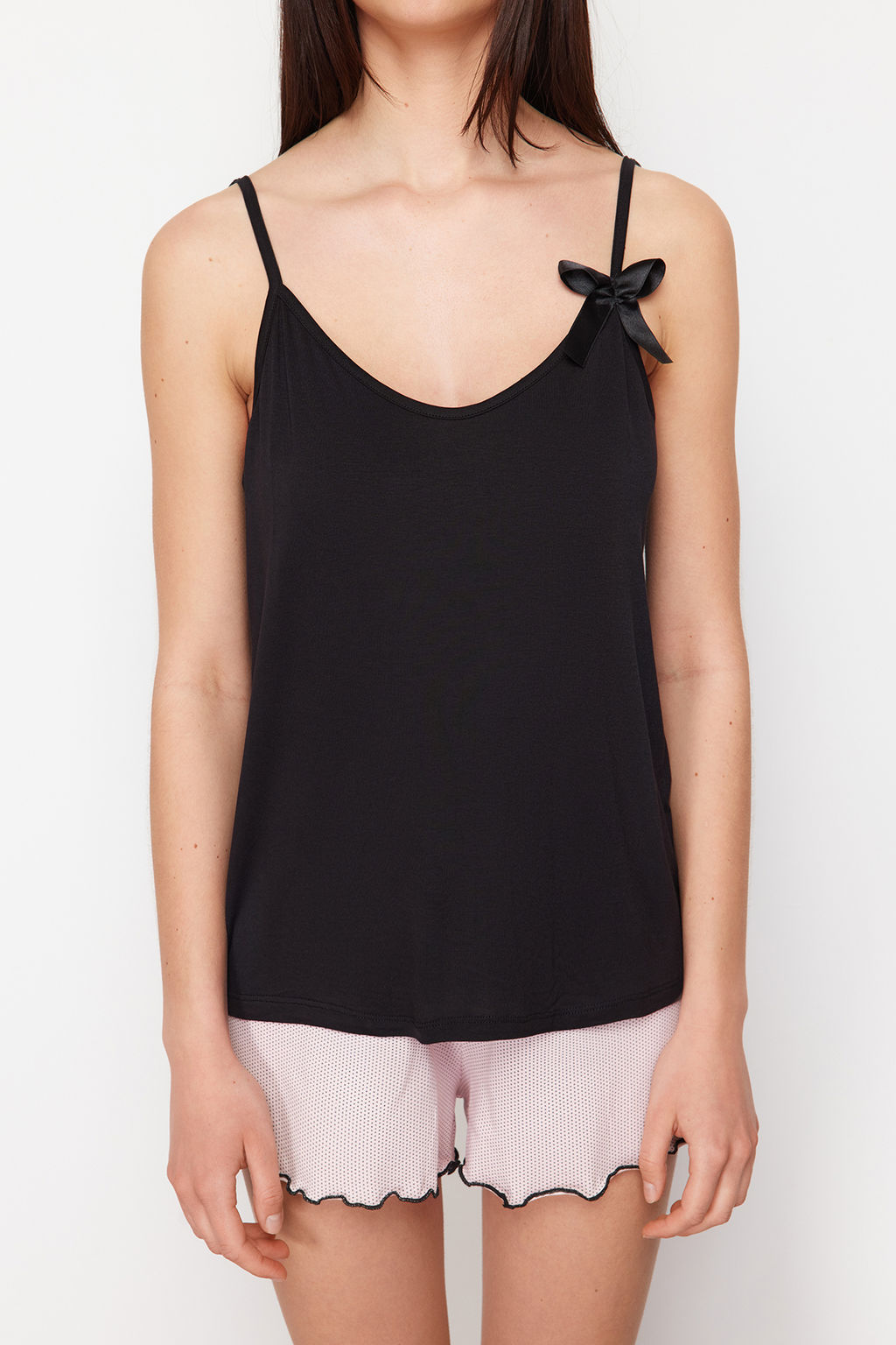 Trendyolmilla Mavi Cicekli Kurdele/Fiyonklu Ip Ask?l? Sortlu Orme Pijama Tak?m? THMSS24PT00320  фото 19