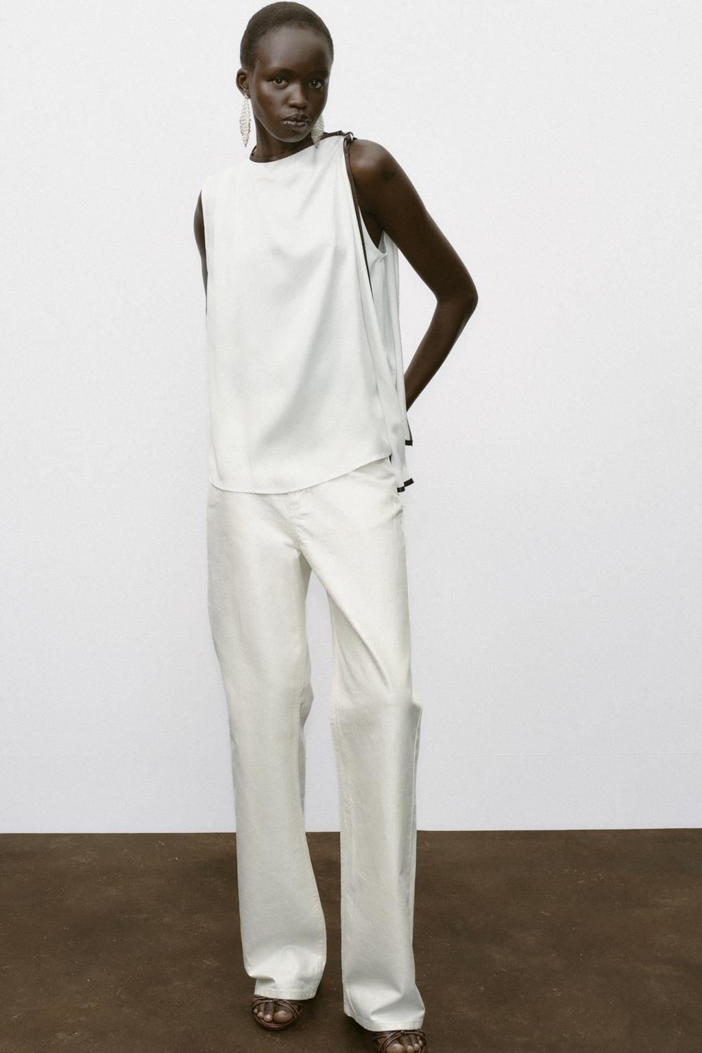 SATIN TOP WITH BOW AND CONTRASTING TRIMS