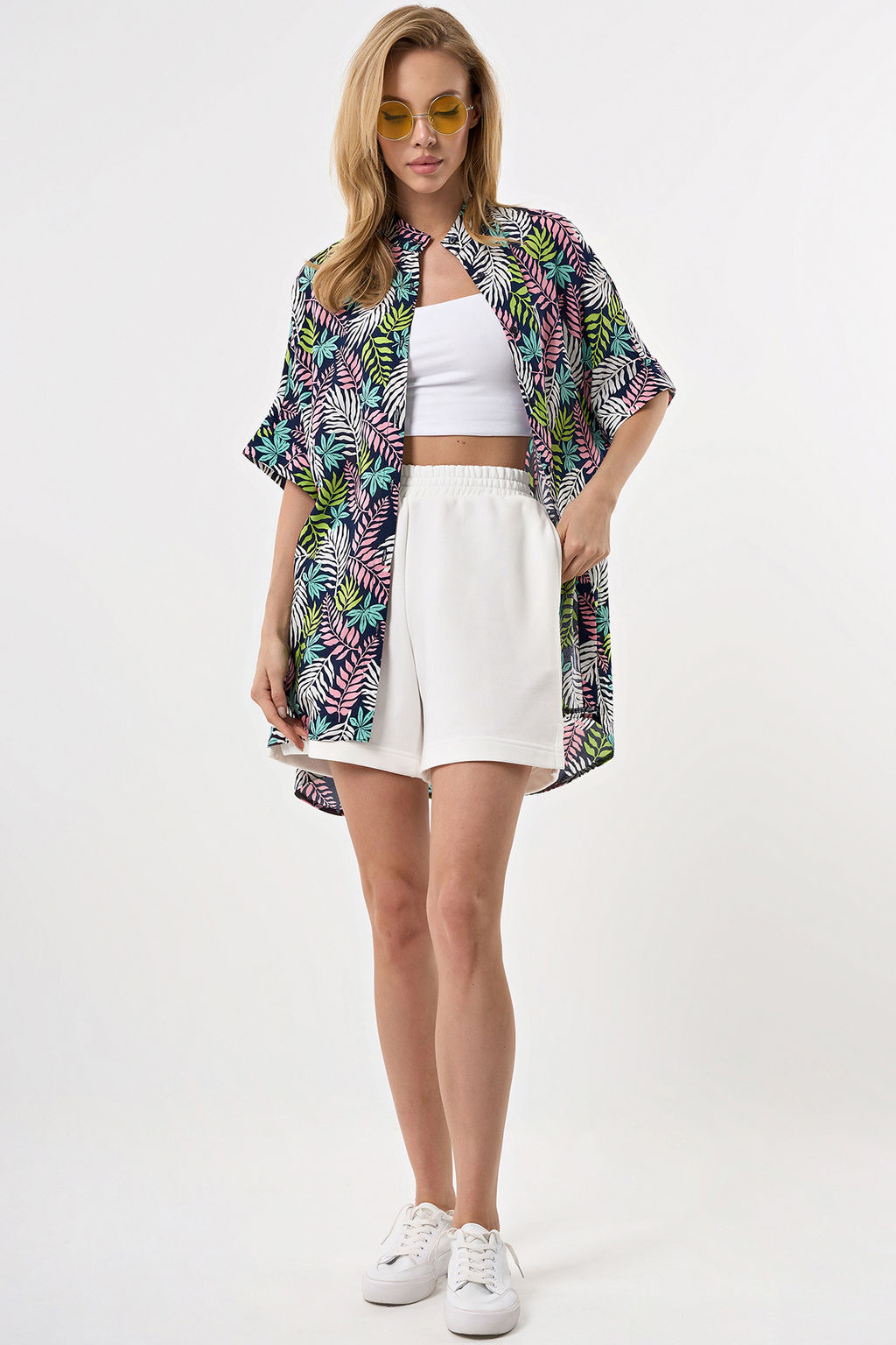 Рубашка летняя с коротким рукавом из хлопка с принтом на синем - Fly фото 5