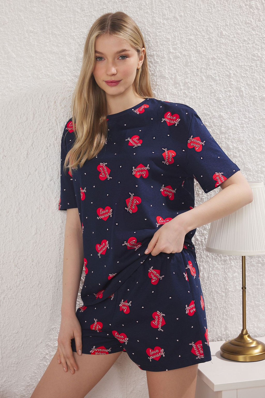Trendyolmilla Lacivert %100 Pamuklu Kalpli Sloganl? Sortlu Orme Pijama Tak?m? THMSS25PT00368 фото 2