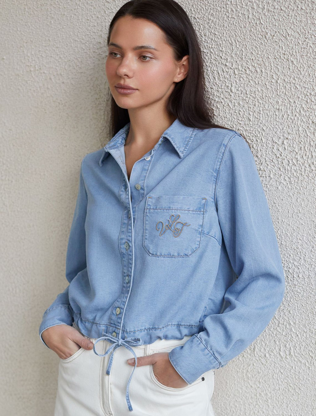 Укороченная блузка с кулиской из джинсового лиоцелла