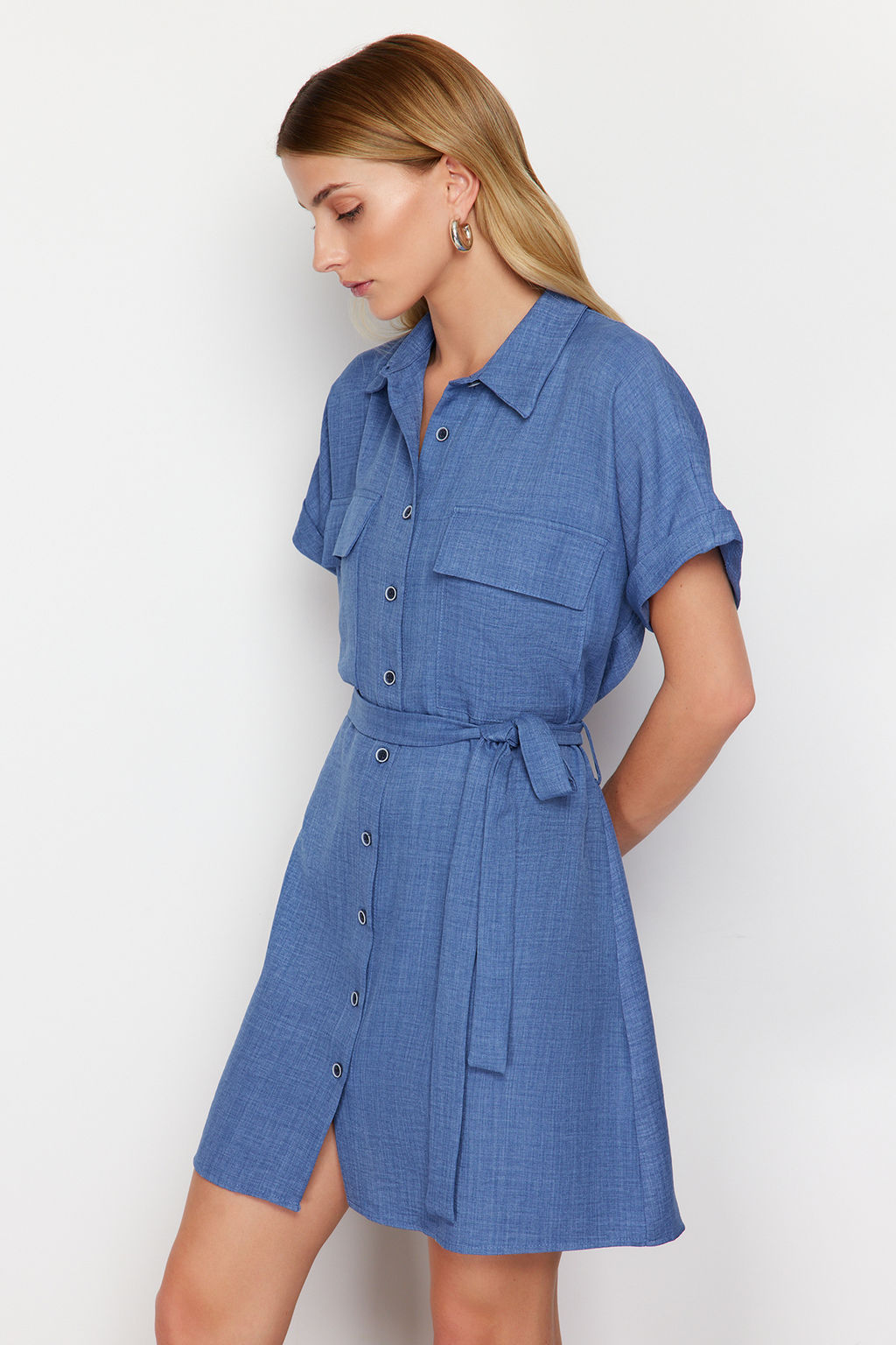 Indigo Kusakl? Cep Detayl? Mini Dokuma Gomlek Elbise TWOSS24EL00350 - Trendyolmilla фото 4