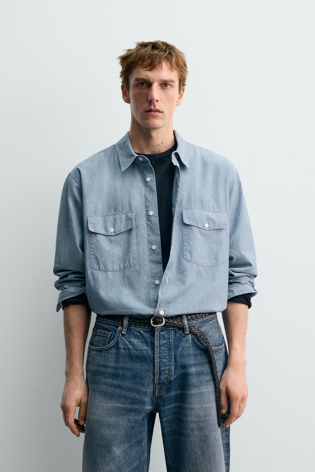 Рубашка Zara Aaron Levine x Zara CAMISA CHAMBRAY DENIM средне-синяя