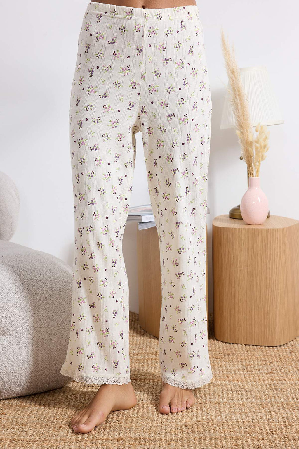 Ekru Cicekli Dantel Detayl? Fitilli/Pointel Orme Pijama Tak?m? THMSS26PT00024 - Trendyolmilla фото 3