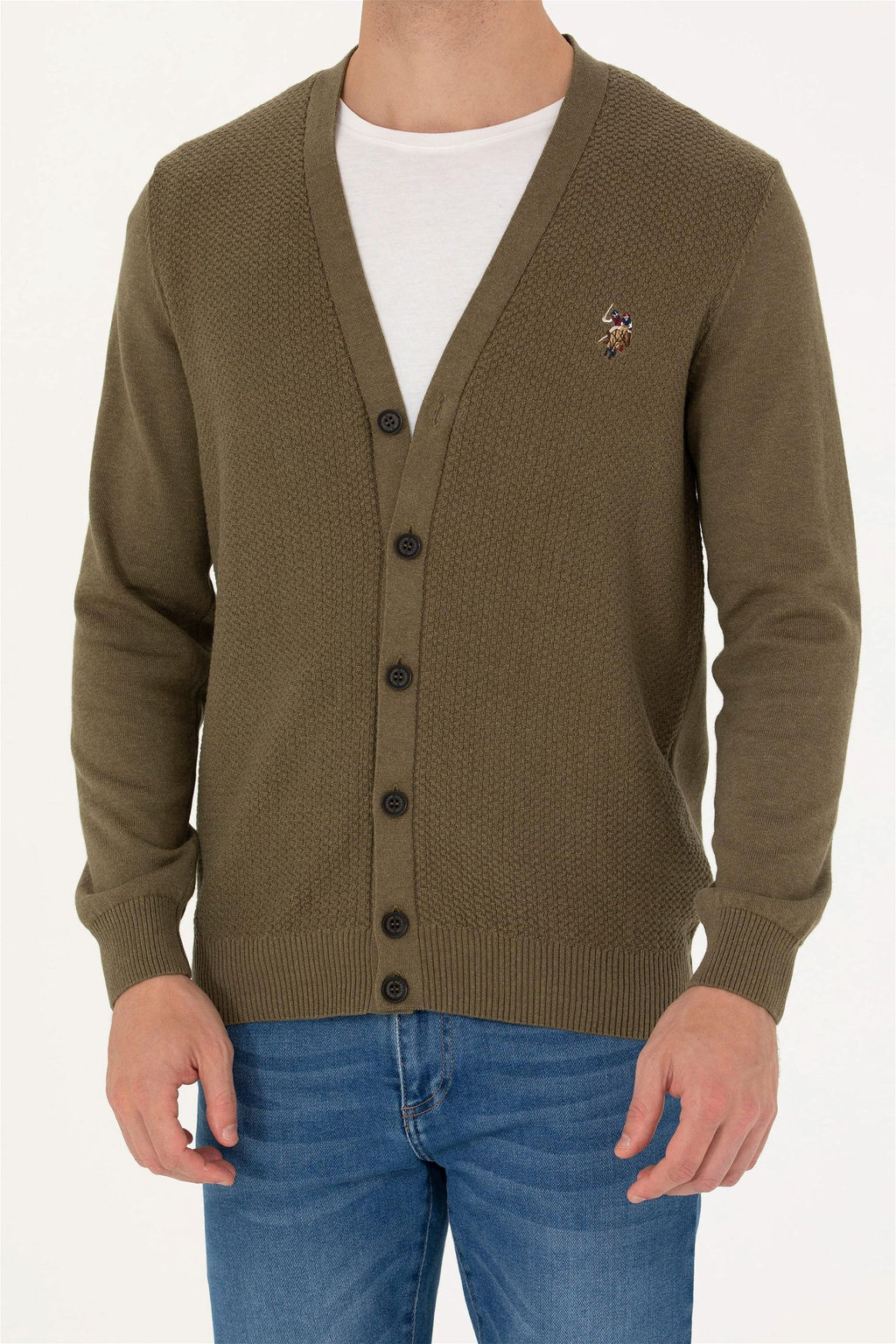 U. S. Polo Assn Мужской базовый трикотажный кардиган цвета хаки меланж - U.s. polo assn фото 13