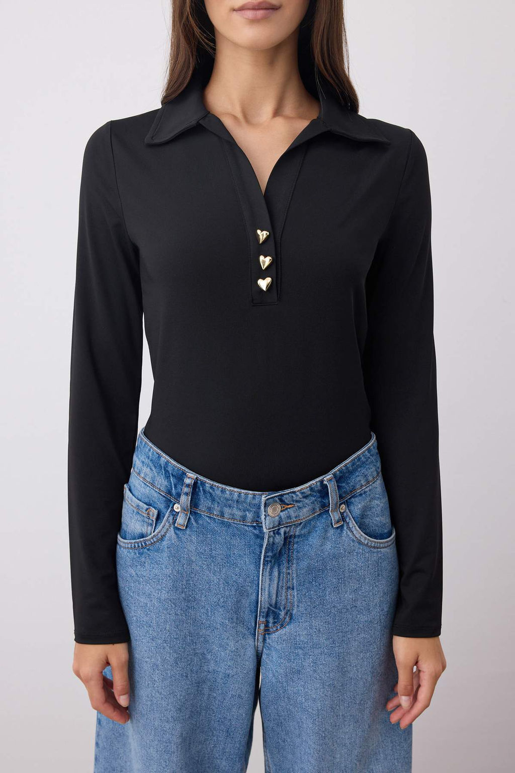 Siyah Fitted/Vucuda Oturan Polo Yaka Patl? C?tc?tl? Esnek Orme Body TWOAW26BD00009