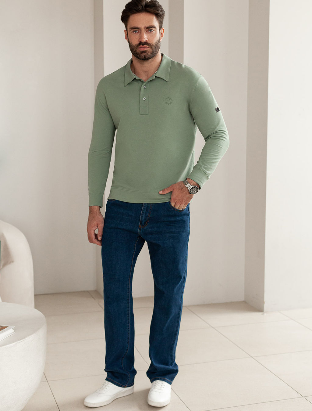 Лонгслив с воротником поло на пуговицах из премиального хлопка с эластаном - Vilatte фото 5