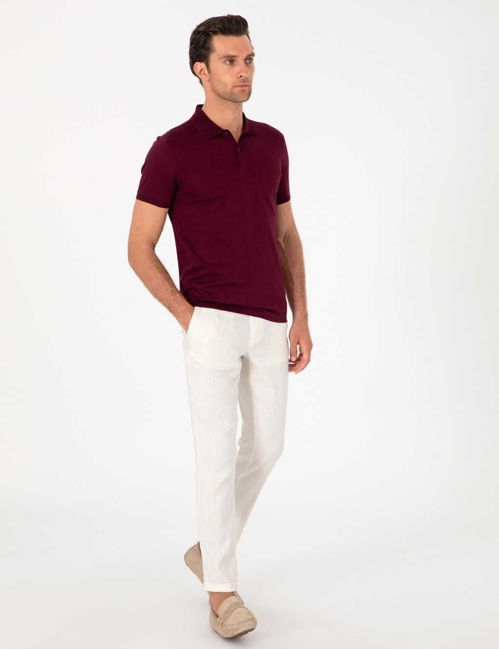 Ekru Slim Fit _izgili Keten Kar___ml_ Spor Pantolon