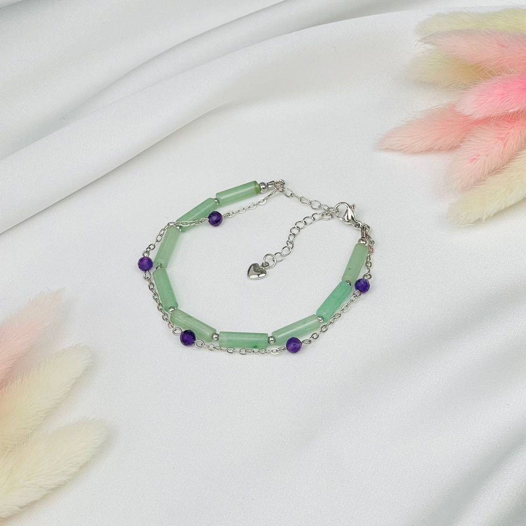 Браслет двойной из зеленого Кварца и Аметиста 16,5 см + - Радуга самоцветов фото 2