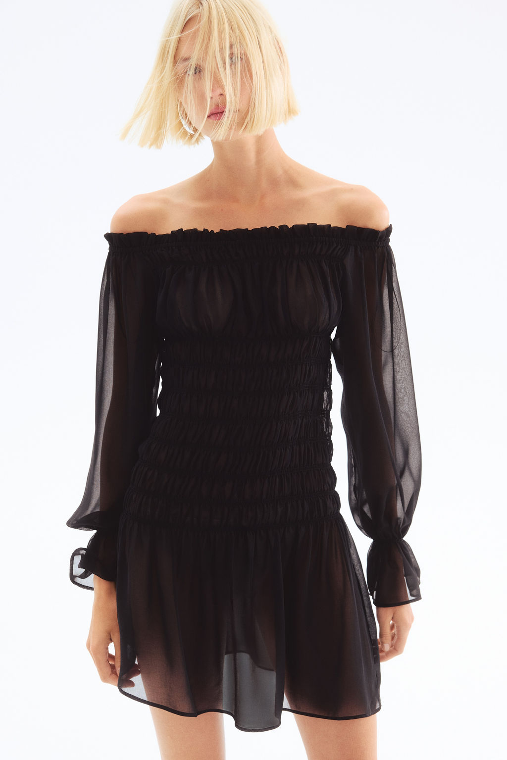 Vestido off-the-shoulder con secci?n nido de abeja - H&m фото 2