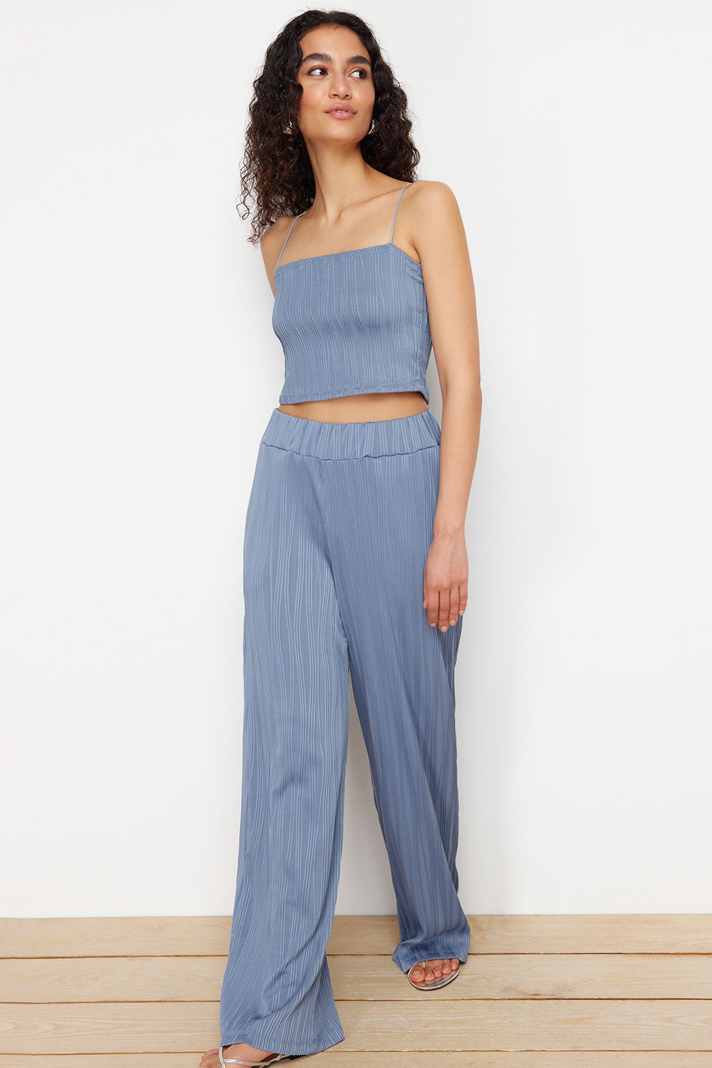 Indigo Dokulu Kumas Premium Wide Leg/Genis Paca Orme Pantolon TWOSS24PL00070 - Trendyolmilla фото 3