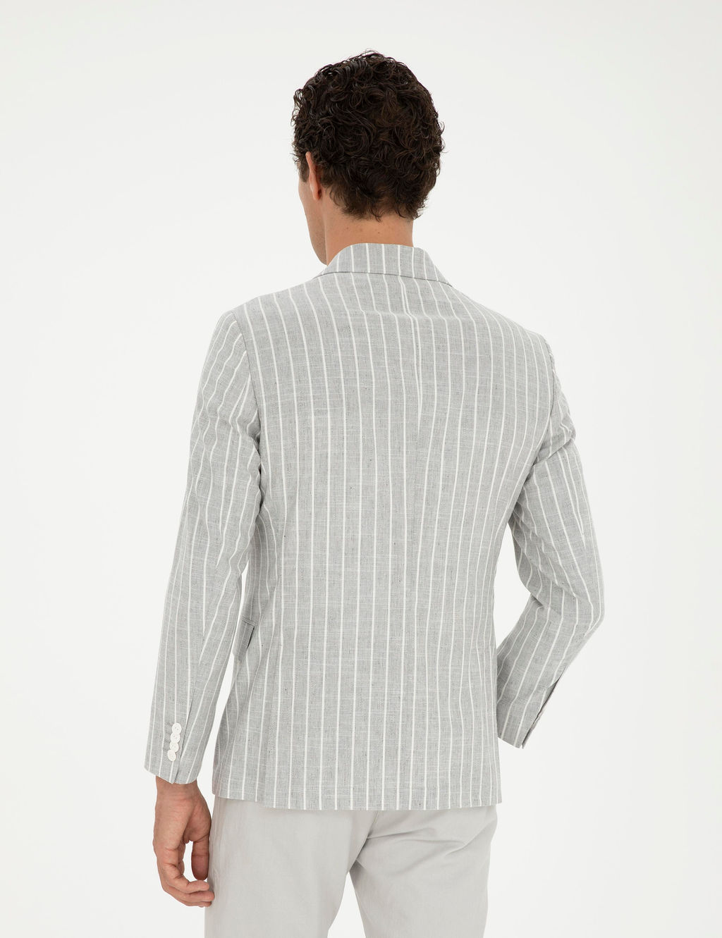 A__k Gri Slim Fit Y_n Keten Kar___ml_ Ceket