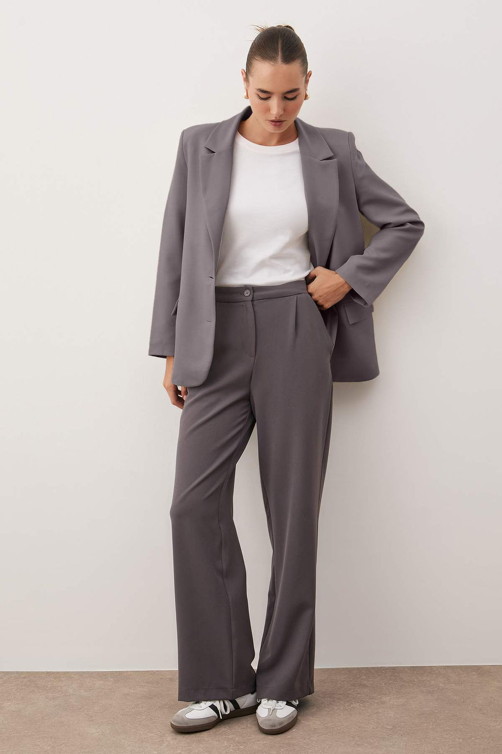 Antrasit Wide Leg/Genis Paca Dokuma Kumas Pantolon TWOAW22PL0139