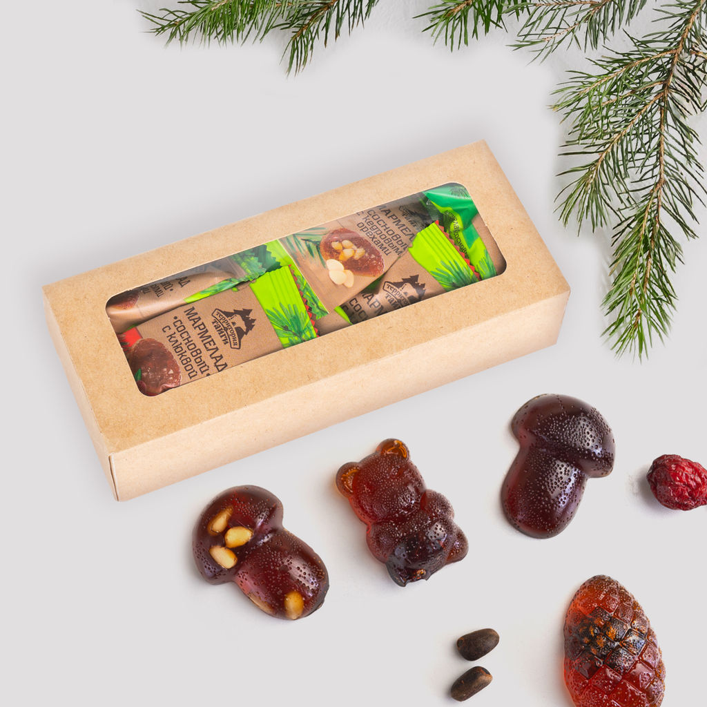 Мармелад Таежное ассорти (сосновый, сосновый с шишкой,с ядром кедр.ореха, с клюквой)110г в коробке