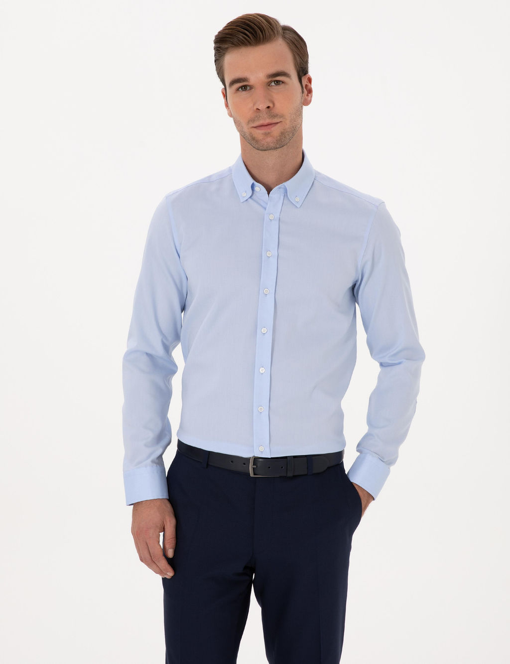A__k Mavi Slim Fit Uzun Kollu Basic G_mlek