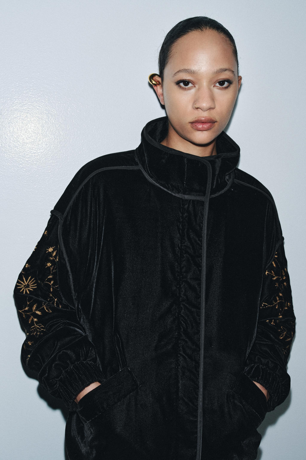EMBROIDERED VELVET PUFFER JACKET