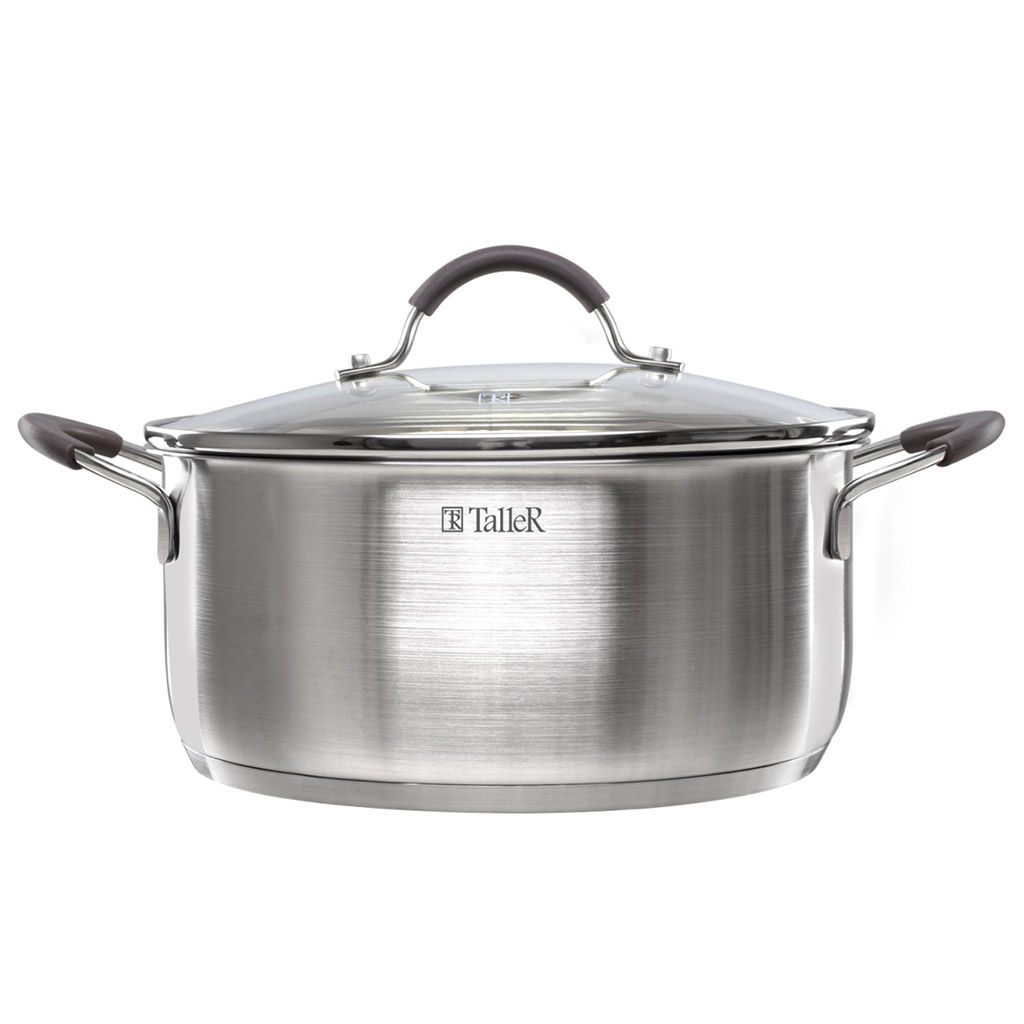 Кастрюля из нержавеющей стали Lira 4,7л, д24см, h11,3см, s0,5мм, дно д22см, s4мм, стеклянная жаропрочная крышка, стальной обод, пароотвод, силиконовые вставки коричневого цвета, капсулированное дно, полировка внешняя - матовая, внутренняя - матовая