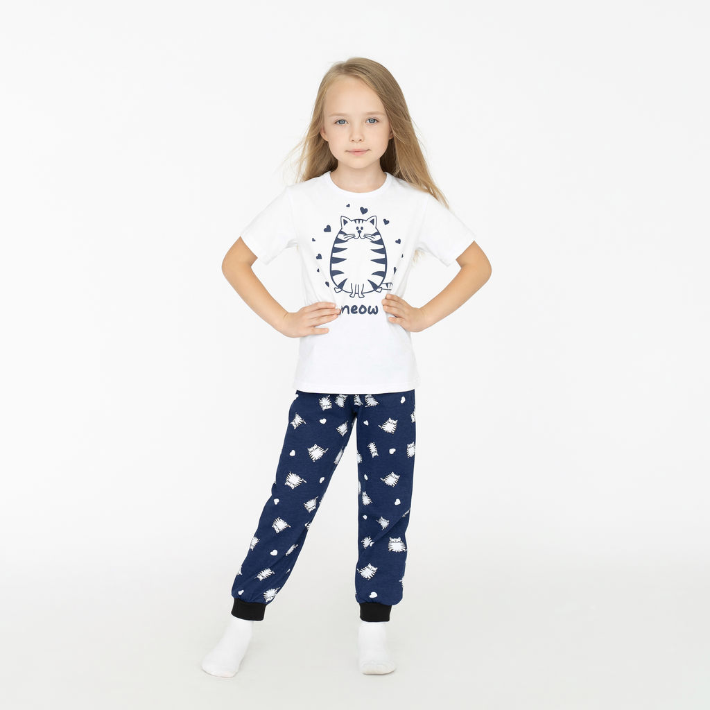 Пижама детская белаясиняя принт кот